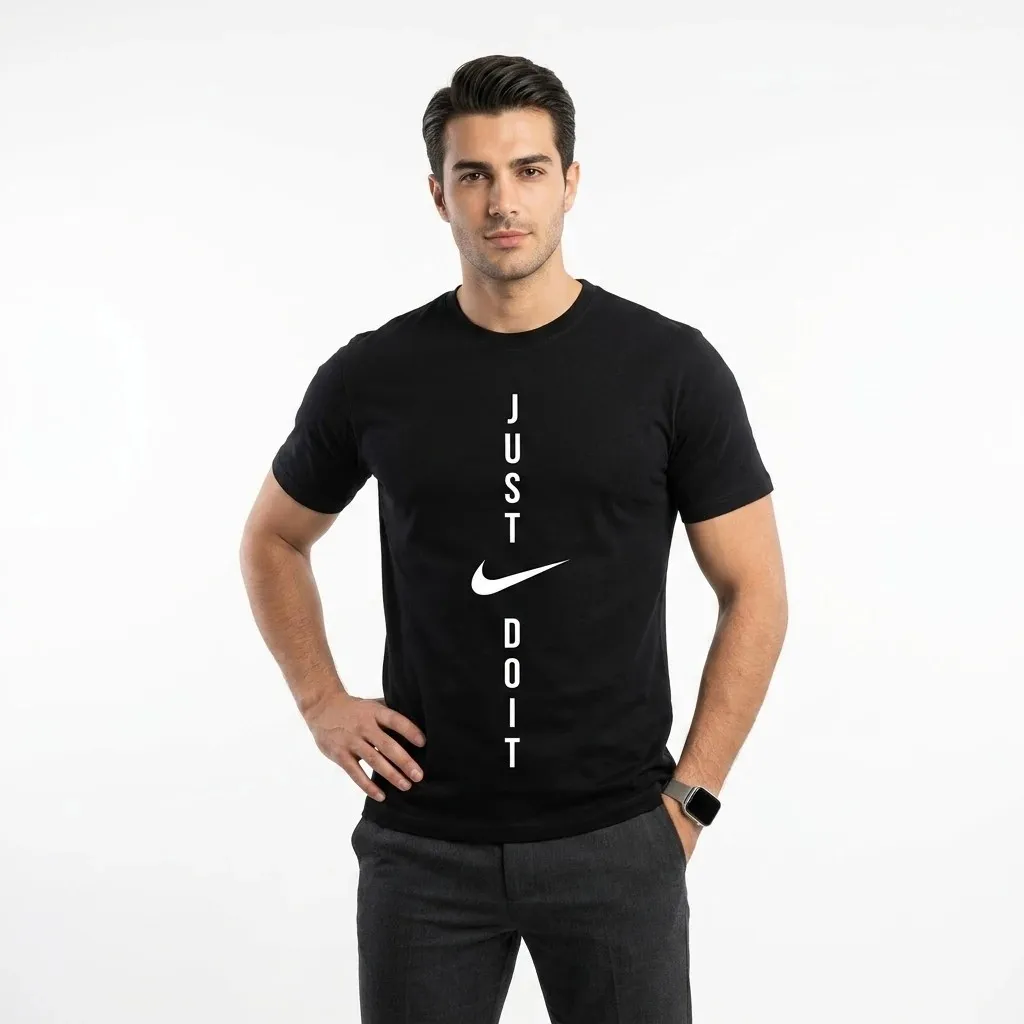 تیشرت یقه گرد مردانه طرح Just Do It مشکی نخ پنبه صد در صد مناسب ورزش و دورهمی