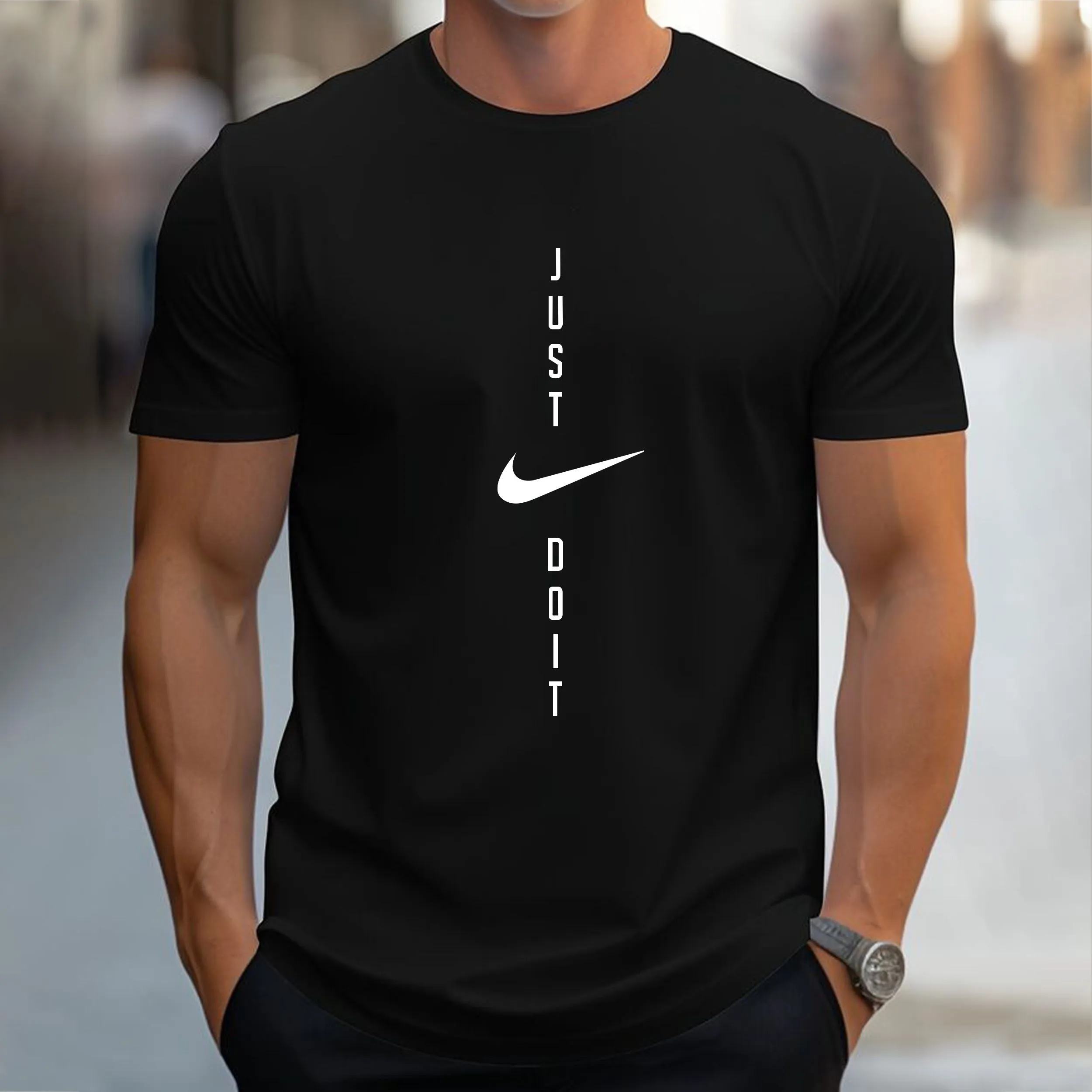 تیشرت یقه گرد مردانه طرح Just Do It مشکی نخ پنبه صد در صد مناسب ورزش و دورهمی